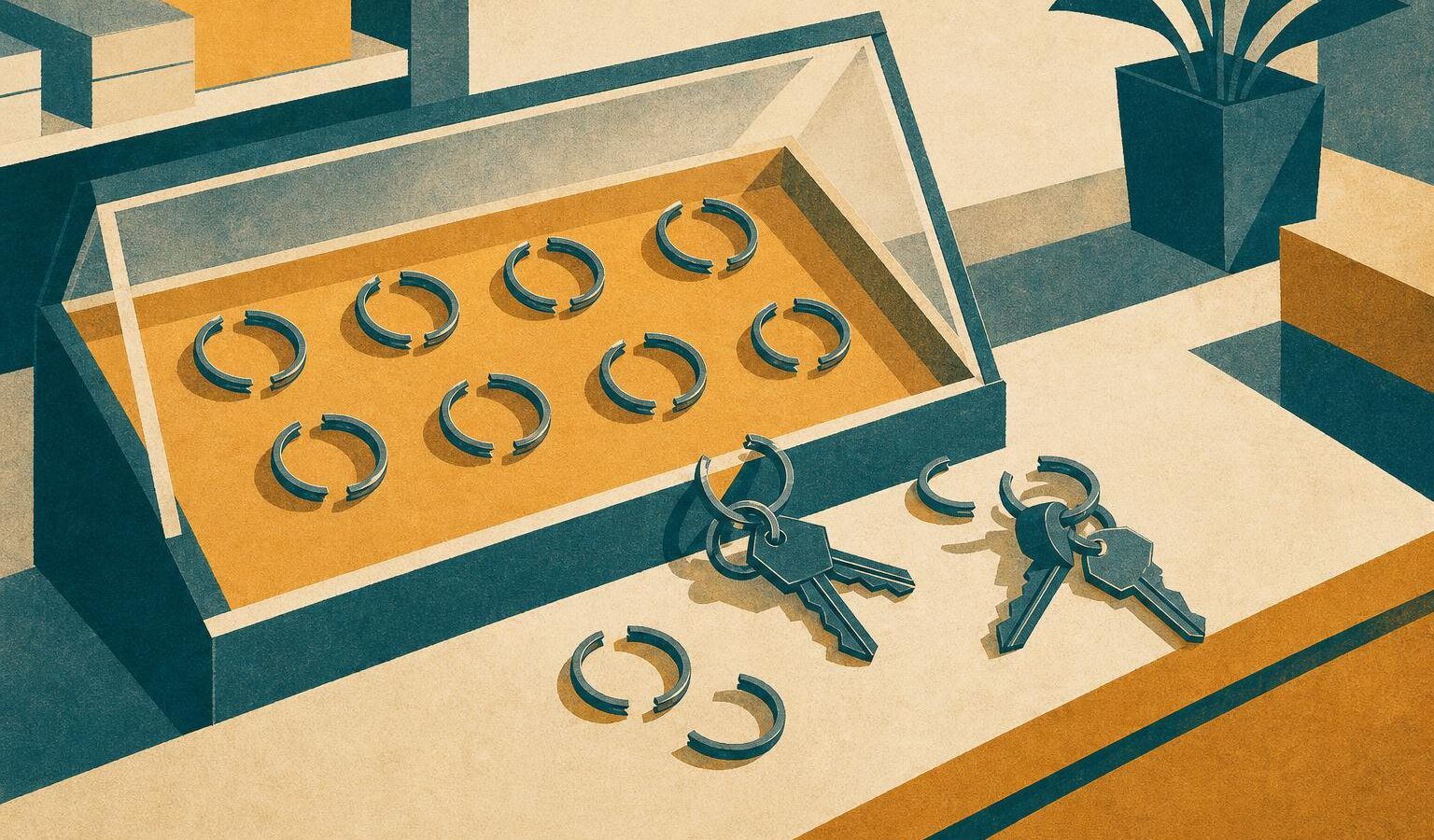 Editorial illustration of emptied key rings on a counter, a metaphor for drained crypto wallets