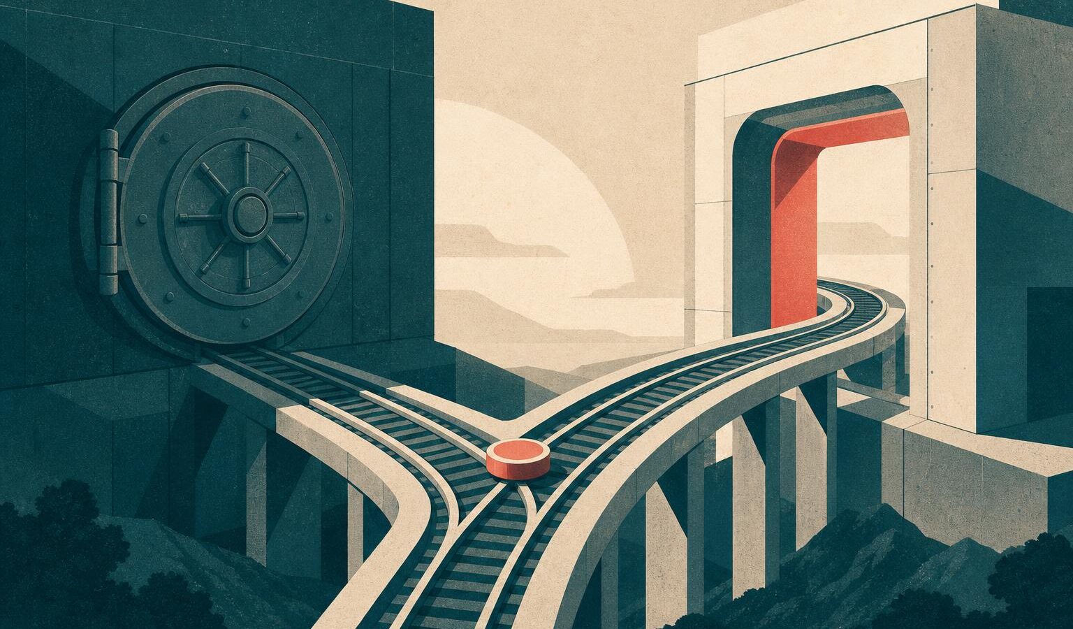 Illustration of an elevated track running between a sealed vault and a newly built structure, standing in for Circle's Arc blockchain launch and Binance's new stake