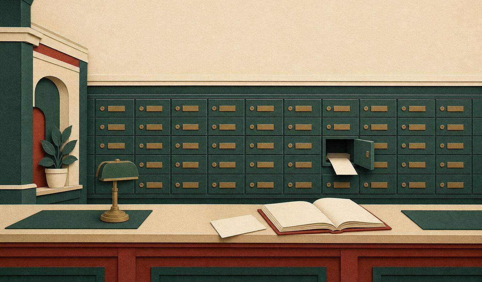 Cut-paper collage of a bank interior with safe-deposit boxes and an open ledger book with blank pages