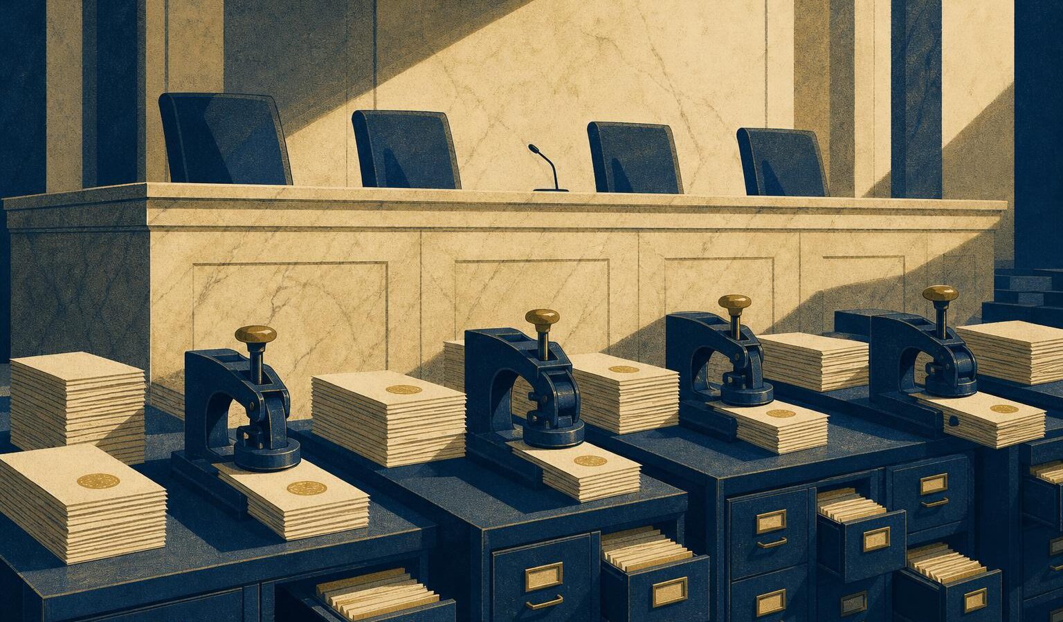 Illustration of an empty hearing dais while rows of stamp presses and filing cabinets keep working, symbolizing regulators acting without Congress