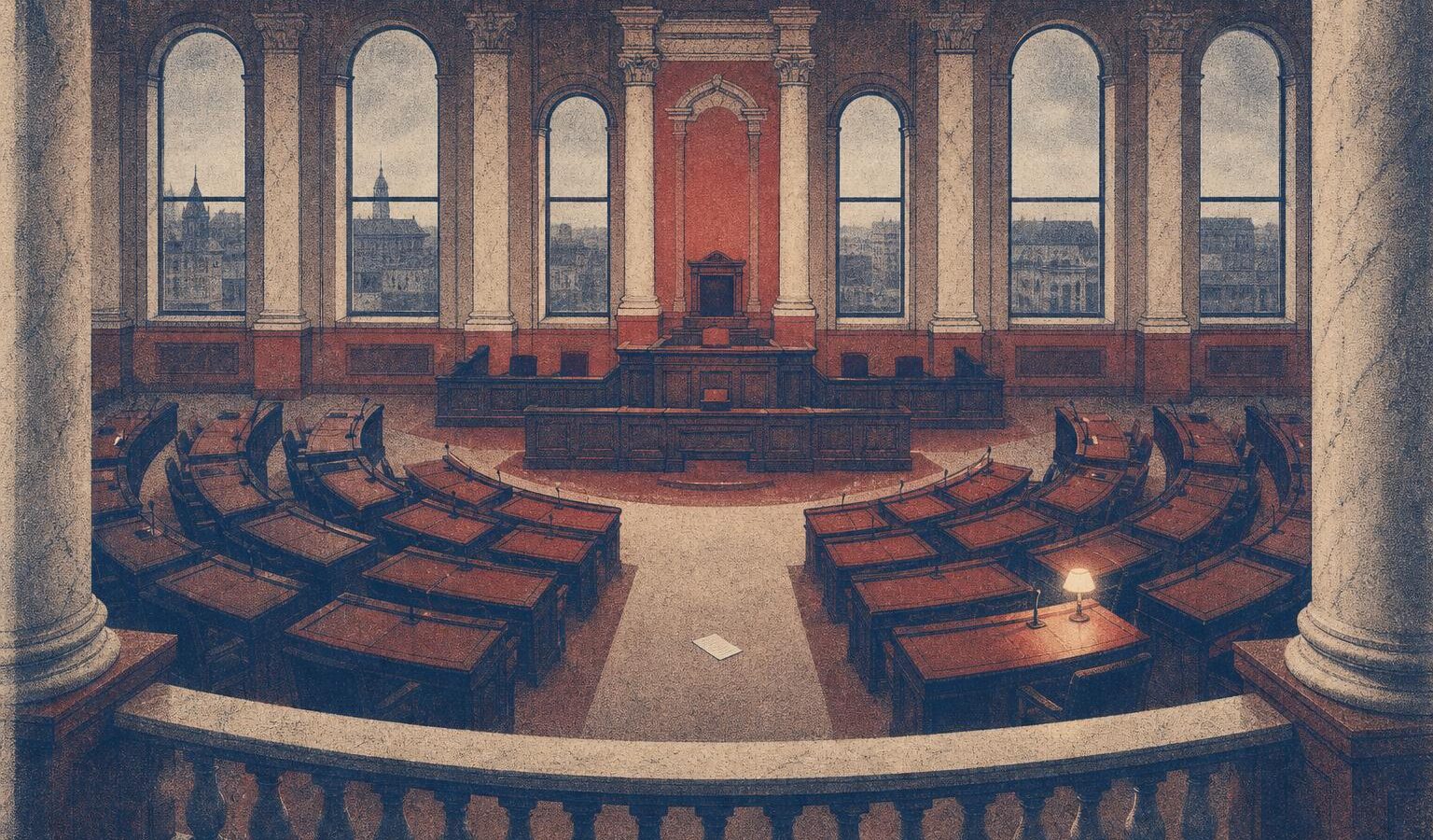 Illustration of an empty legislative chamber after a failed vote, with one lit desk lamp and a ballot on the floor