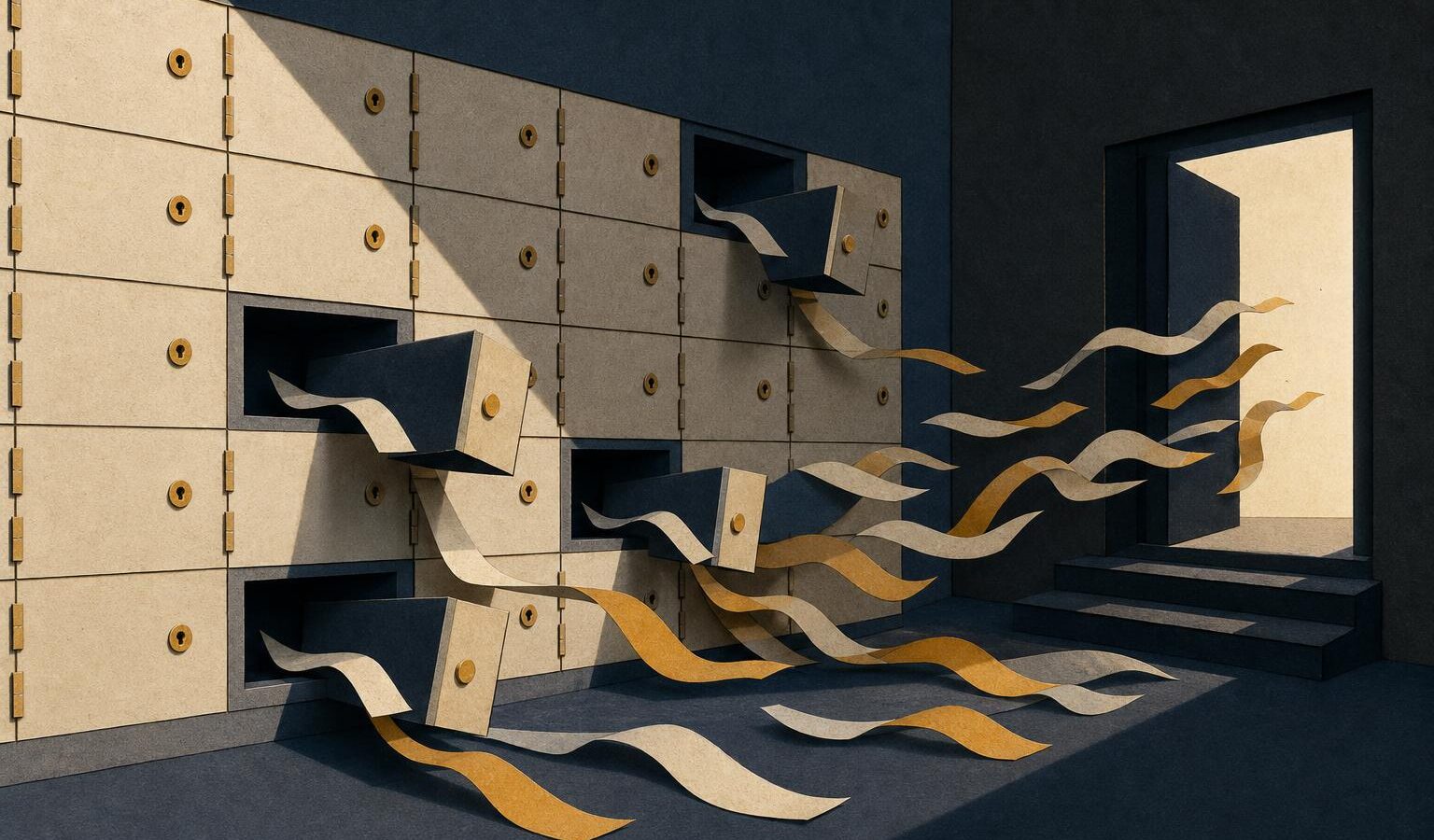 Cut-paper collage illustration of a vault wall of safe-deposit boxes, most sealed shut, with a few open and empty, their contents dissolving into drifting paper trails.