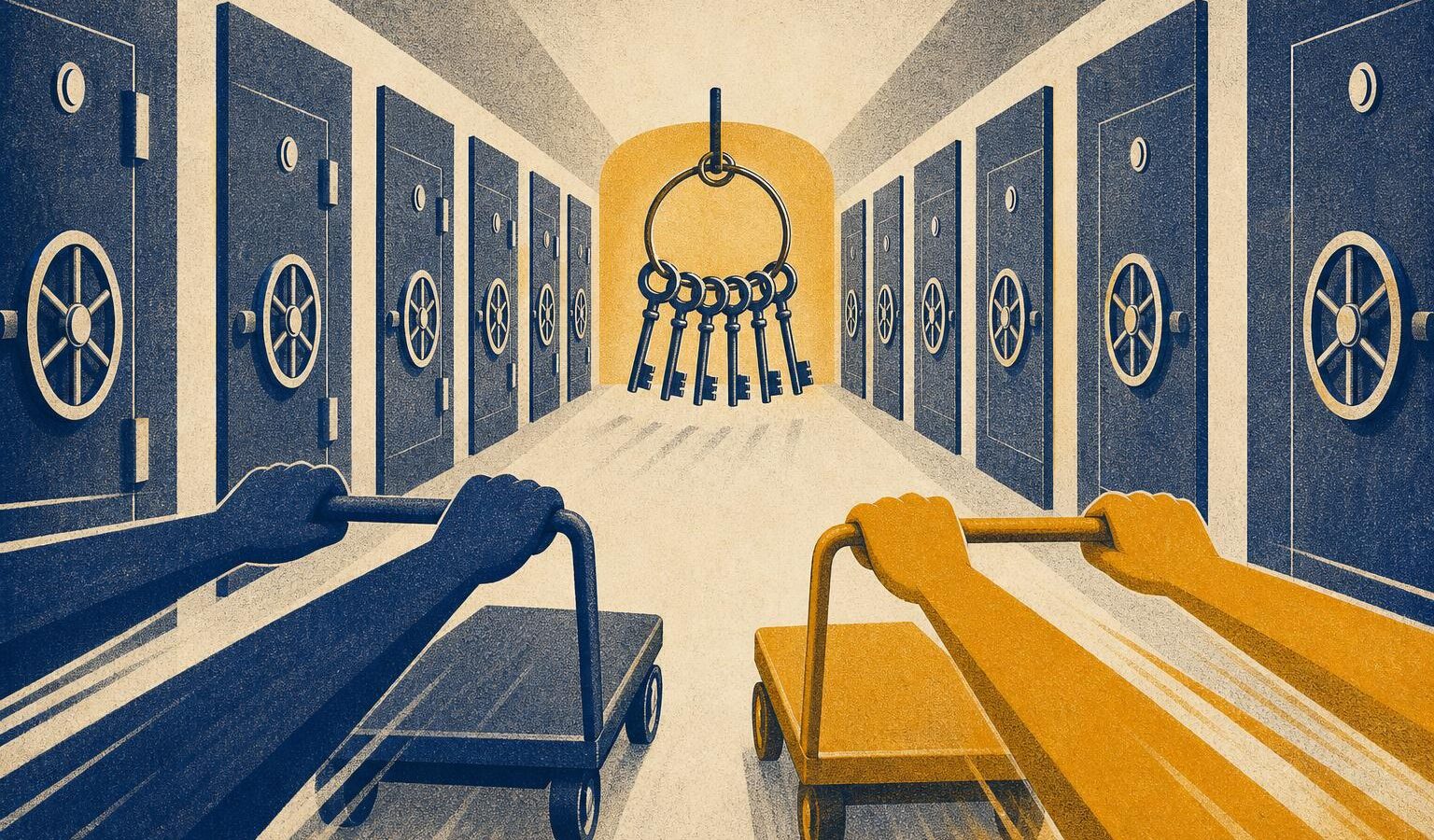 Stylized illustration of two carts racing down a corridor of vault doors toward a ring of keys, symbolizing the contest between white-hat rescuers and thieves for vulnerable bitcoin