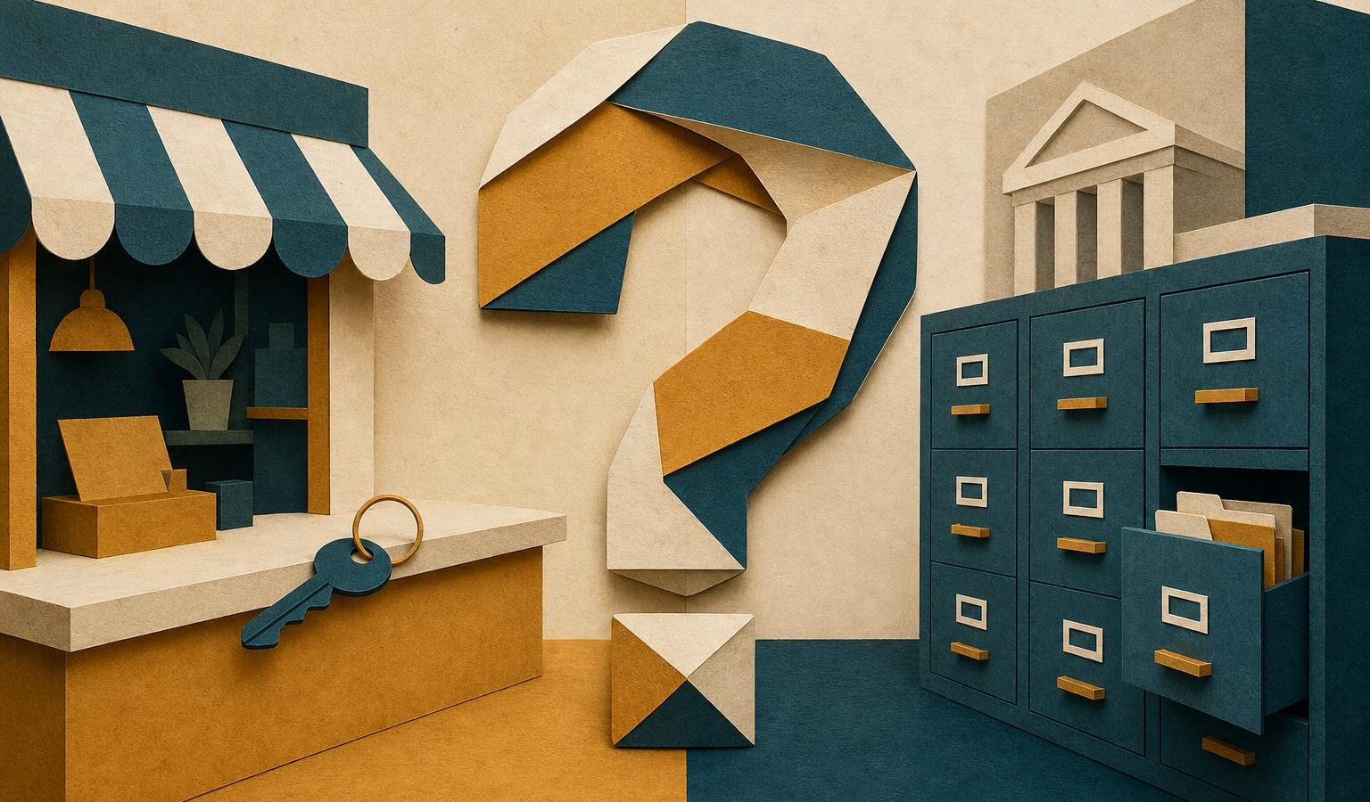 Cut-paper collage of a split stage with a sealed question mark between a storefront counter and a row of filing cabinets