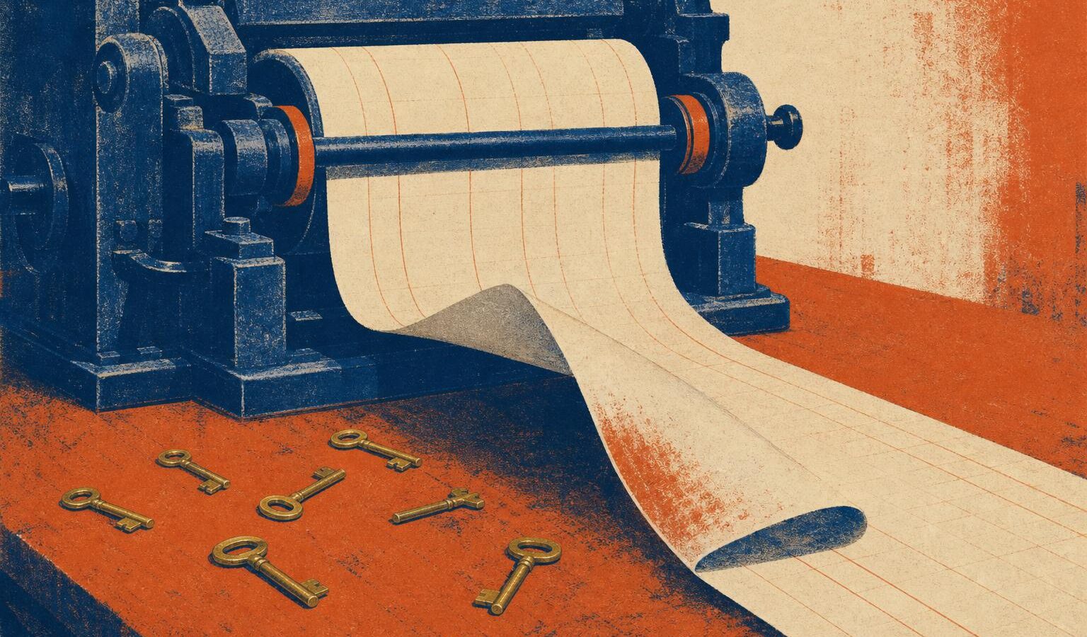 Illustration of a printing press rewinding a ledger tape, symbolizing a blockchain rollback