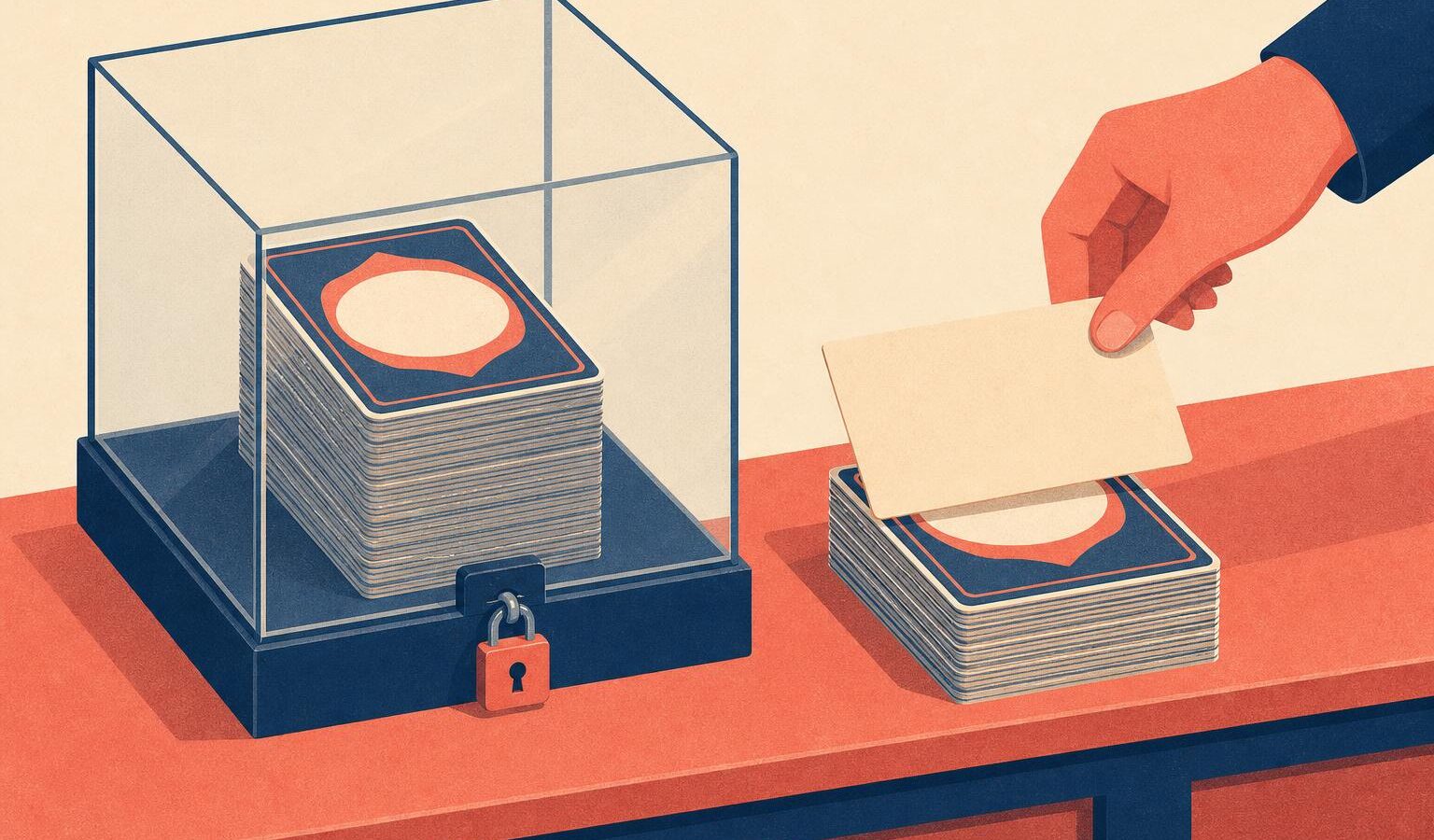 Illustration of two stacks of collectible cards on a shop counter, one locked in a display case while a hand labels the other
