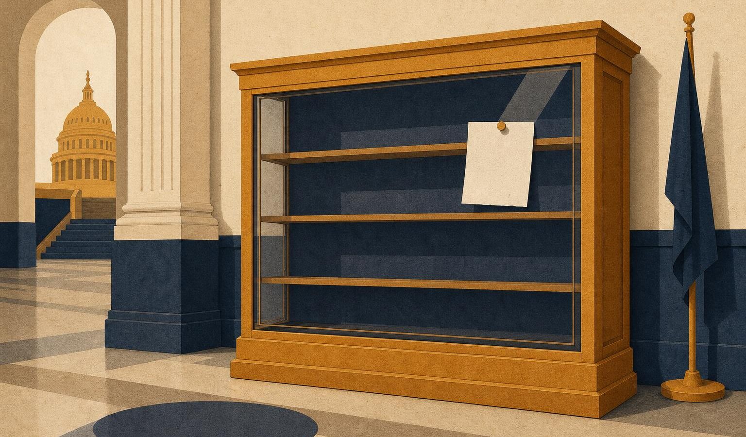 Empty glass display case in a bare hall with a paper warning notice pinned to it, cut-paper collage illustration