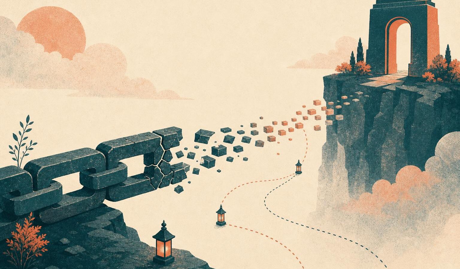 Illustration of a fractured stone chain dissolving and drifting toward a sturdier archway, representing a blockchain sunset and token migration