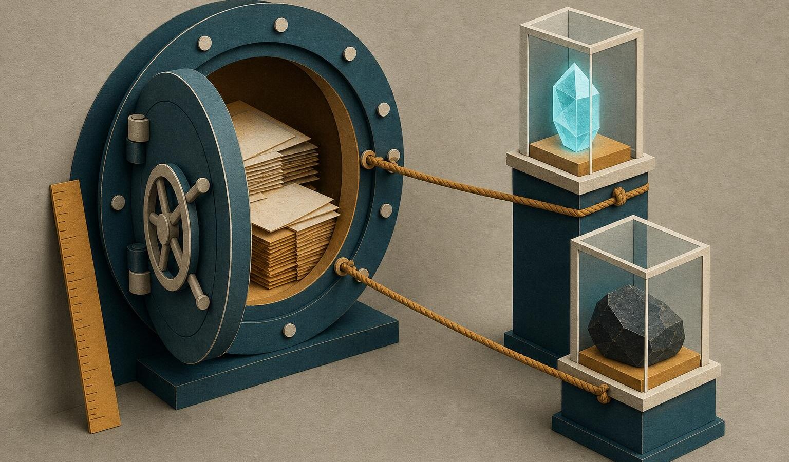 Illustration of a vault with tethered collateral cases representing lending risk parameters