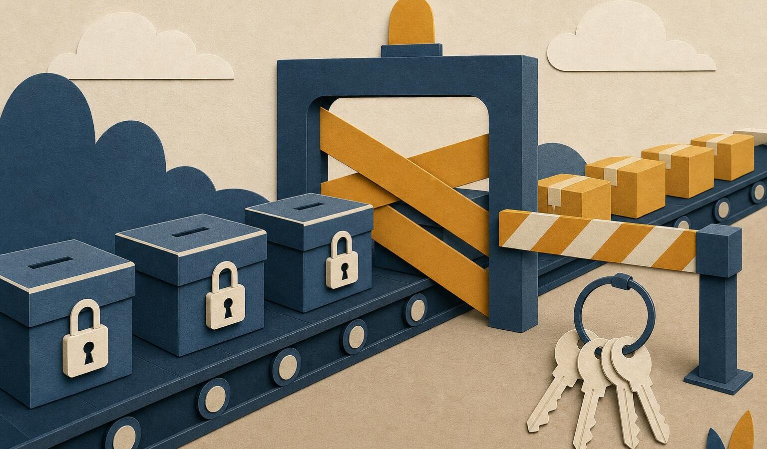 Illustration of locked cash-boxes queued at a jammed checkpoint, a metaphor for stalled withdrawals on a crypto exchange