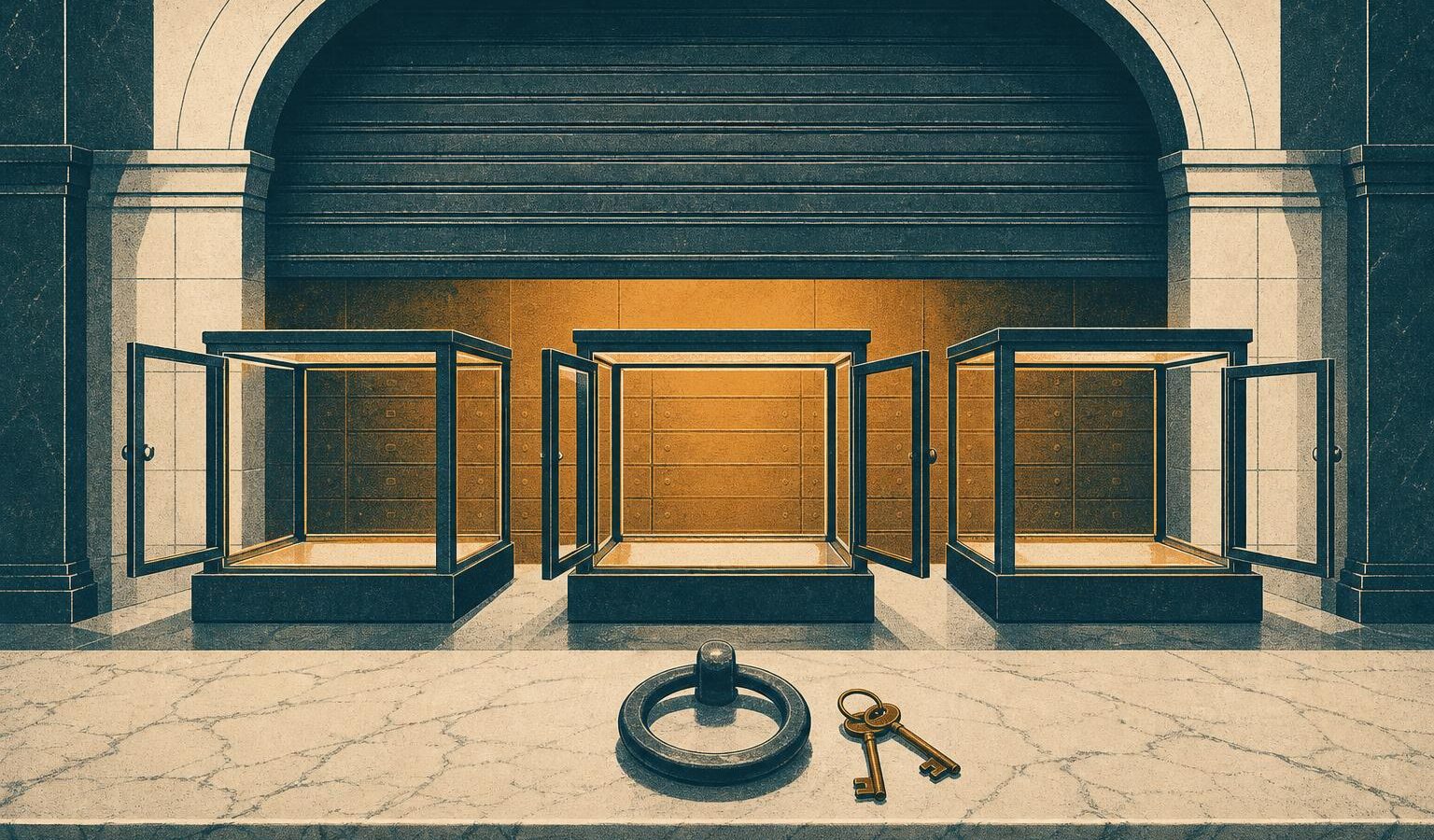 Illustration of empty glass display cases in a bank vault with a metal shutter half-lowered, evoking a paused sidechain and frozen reserves