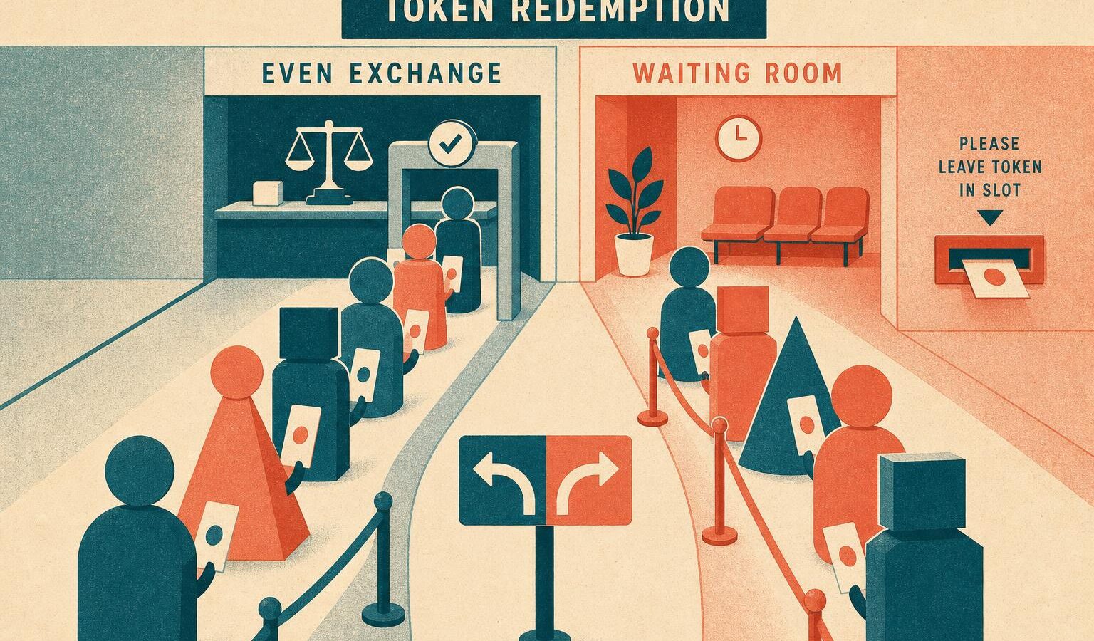 Editorial illustration of two queues of abstract figures at a redemption counter, one passing a checkpoint toward an exchange desk and the other diverted to a waiting area with a mail slot