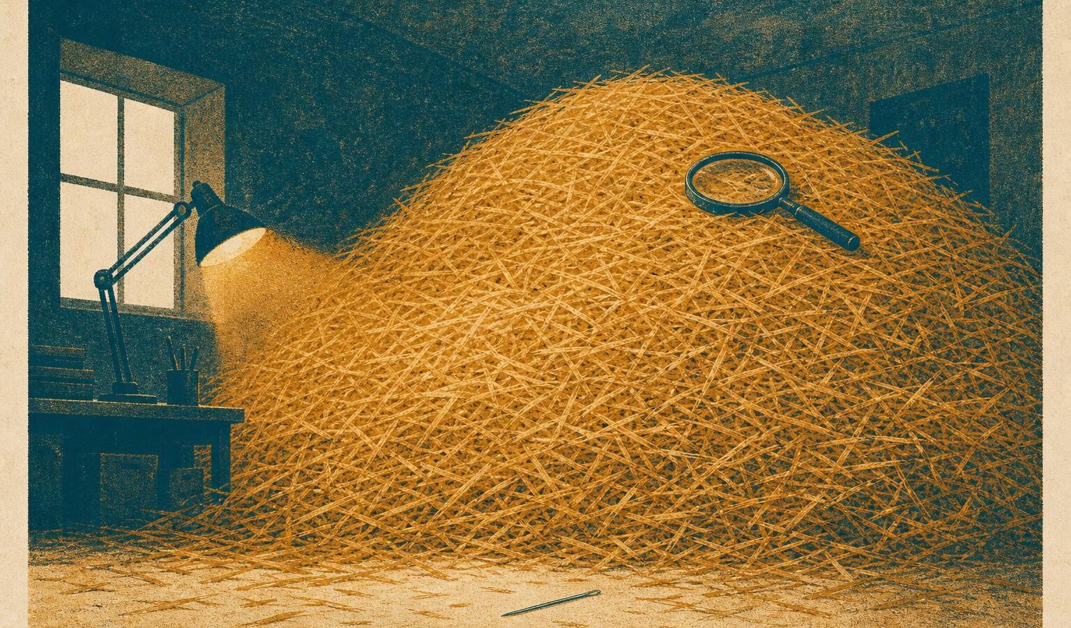 Illustration of a large haystack with a magnifying glass resting on top, symbolizing searching for needles in growing piles of collected data