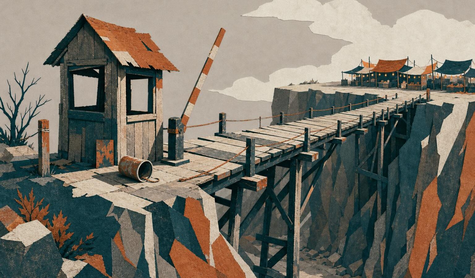 Cut-paper illustration of an abandoned toll bridge spanning a dry ravine, symbolizing failed bridge economics