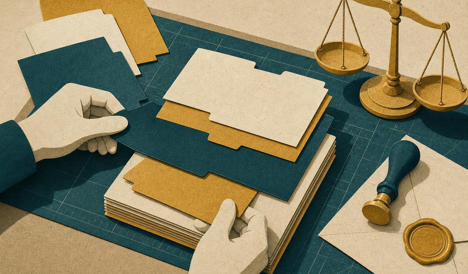 Cut-paper illustration of separate legal document folders being assembled into a single stack on a drafting table beside a brass scale and wax seal