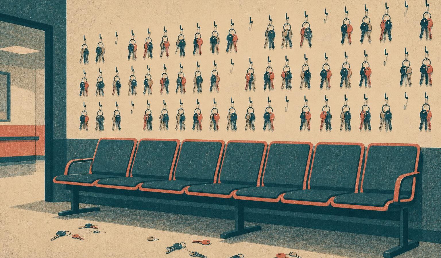 Illustration of a clinic waiting-room bench with empty key hooks and scattered keys, symbolizing a wallet key compromise