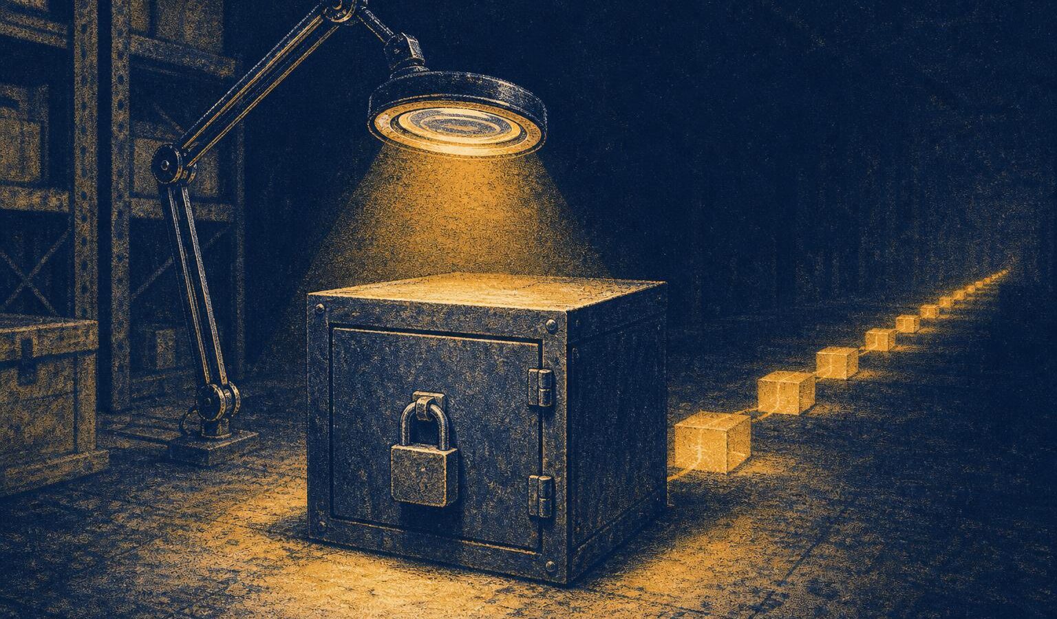 A locked steel strongbox on a warehouse floor under a forensic magnifying lamp, with a chain of glowing blocks trailing into darkness