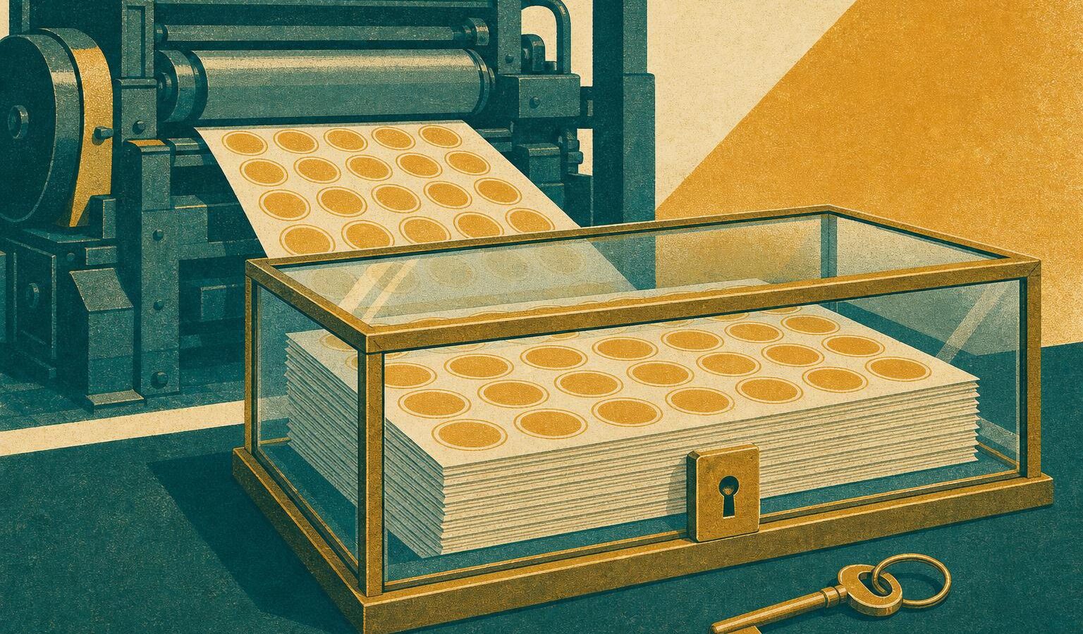 Illustration of a printing press producing sheets of uniform tokens stacked behind a locked glass case