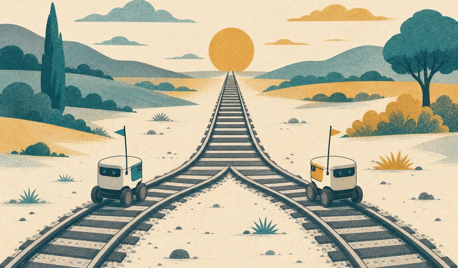 Illustration of two parallel rail tracks merging at a junction, robots standing where the tracks diverge