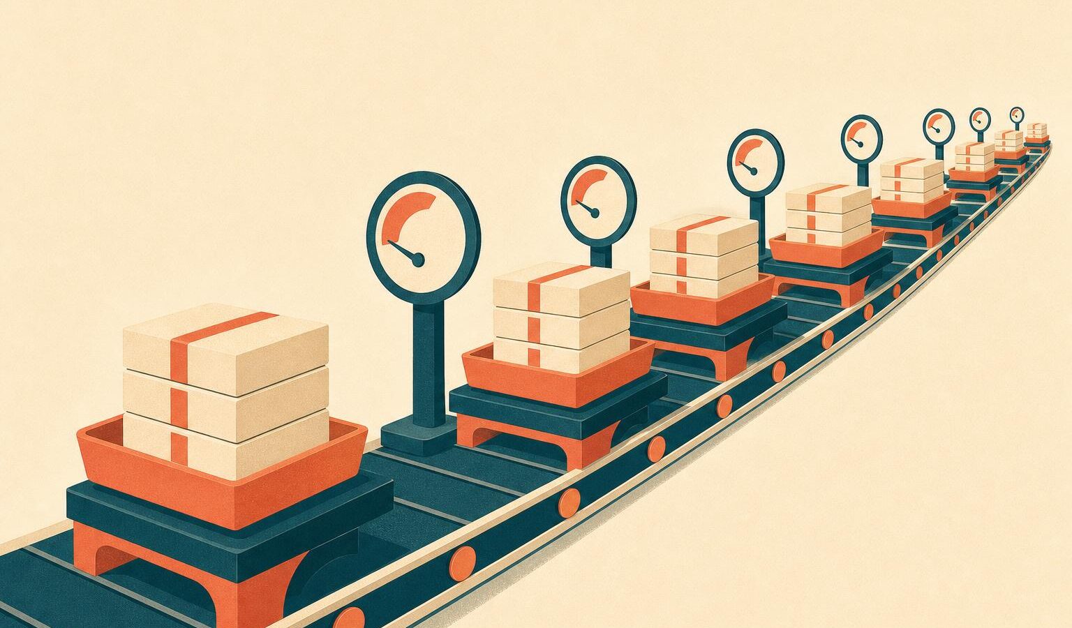 Stylized illustration of relay stations packed closer together along a track while the load allowed at each one shrinks