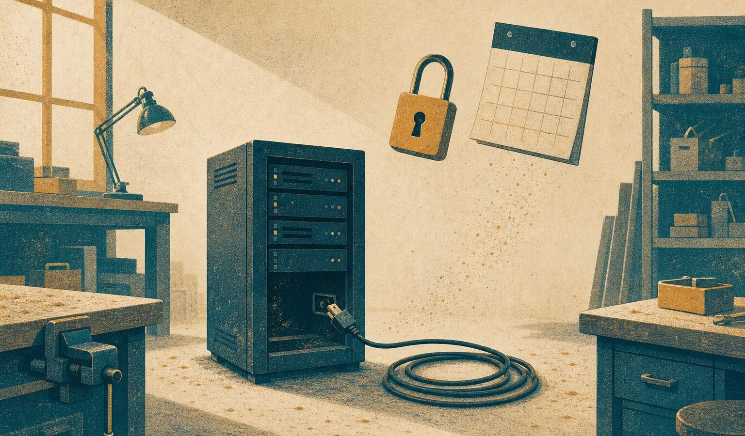 Illustration of a server rack being unplugged in an empty workshop, a visual metaphor for an oracle network shutting down