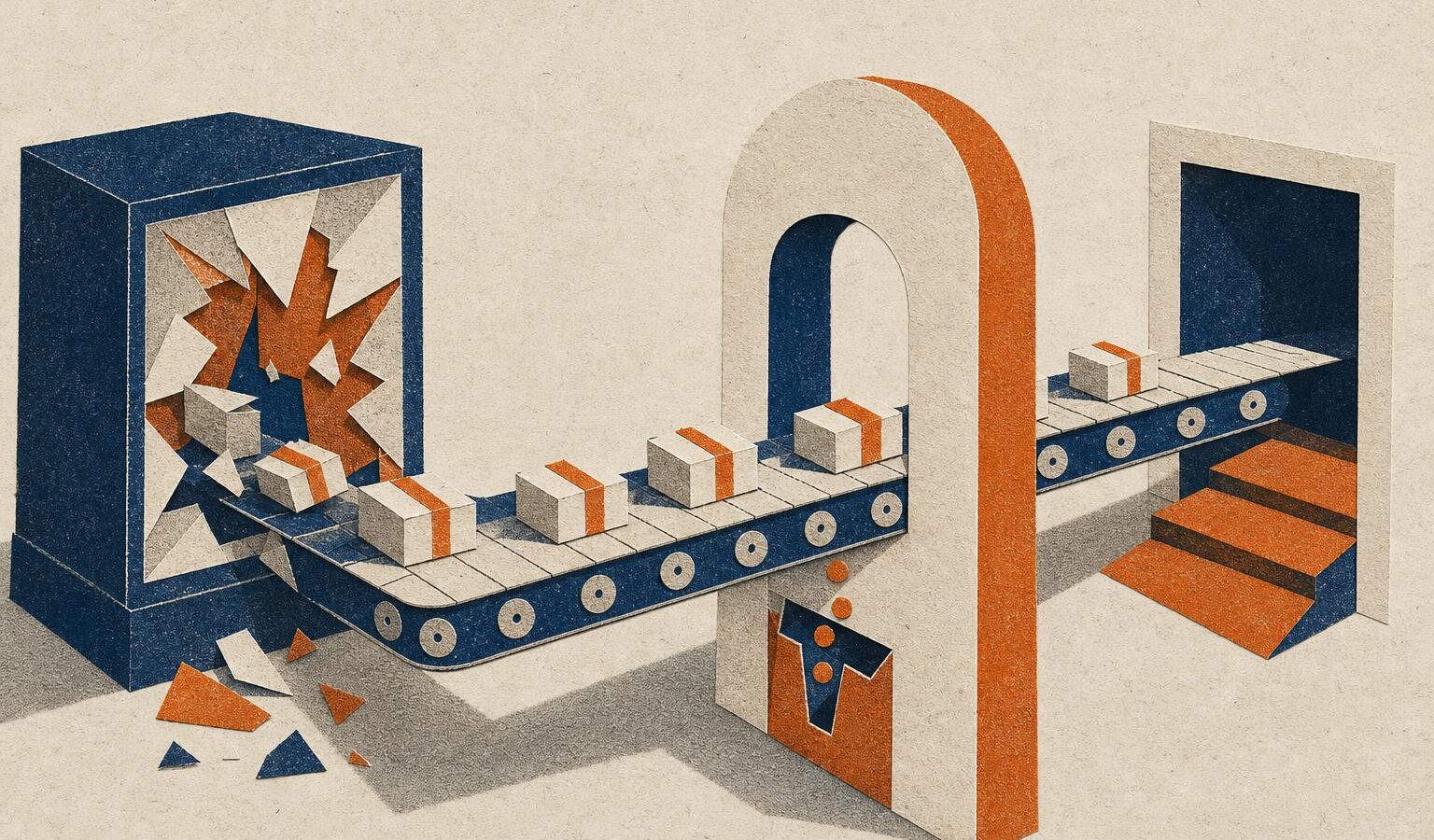 Cut-paper collage of parcels on a conveyor belt passing through a toll gate, illustrating cross-chain swaps of stolen funds