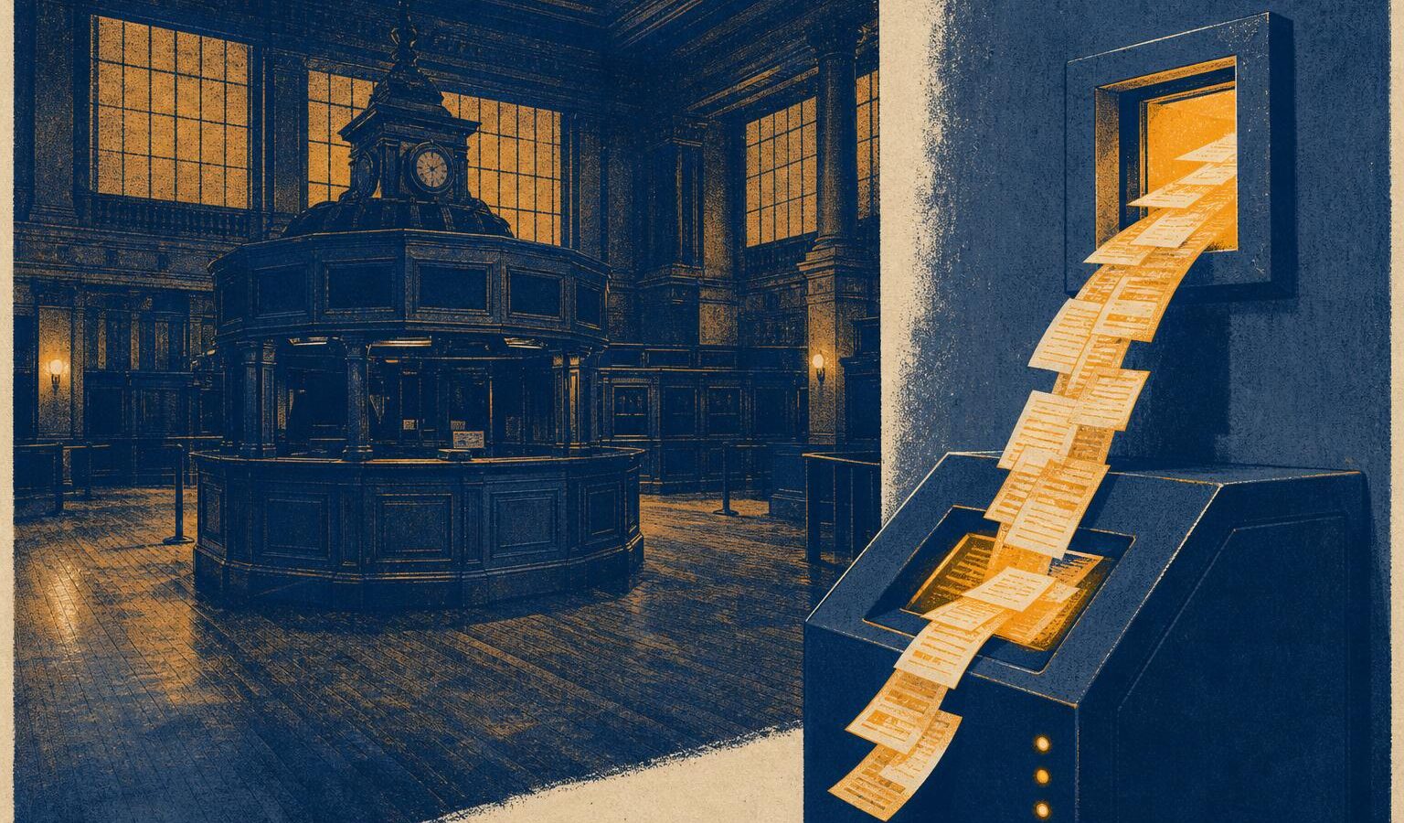 Illustration of a closed stock exchange hall at night while order tickets keep flowing into an electronic slot