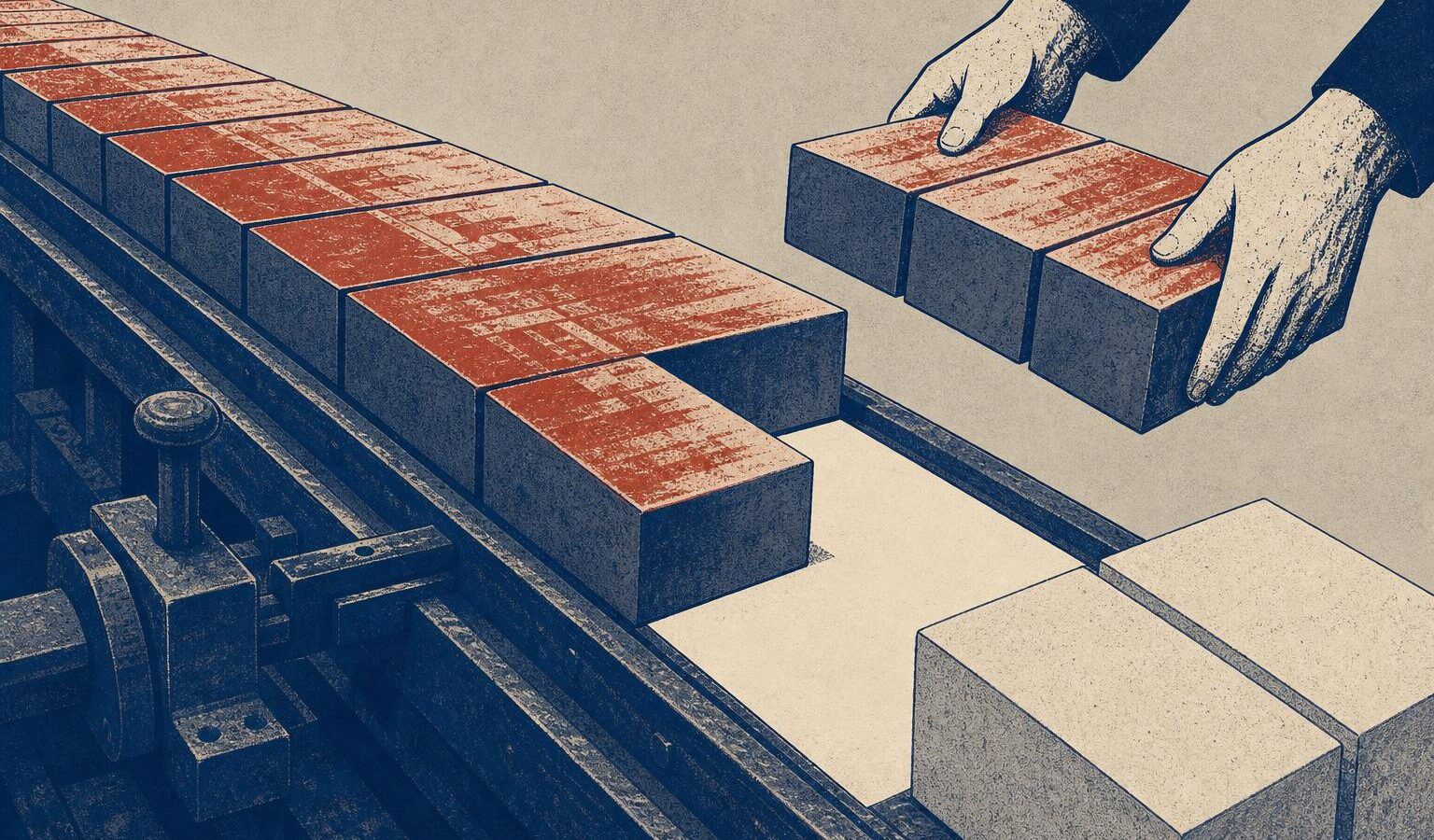 Stylized illustration of a long chain of stone blocks with the last stretch lifted away, leaving a clean gap