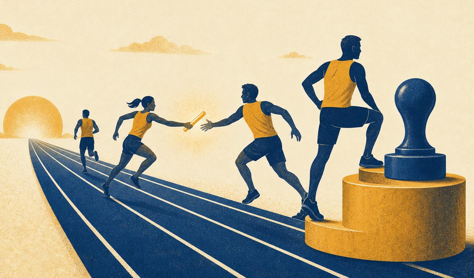 Editorial illustration of a relay handoff on a long track ending at a stamped seal, representing fast finality