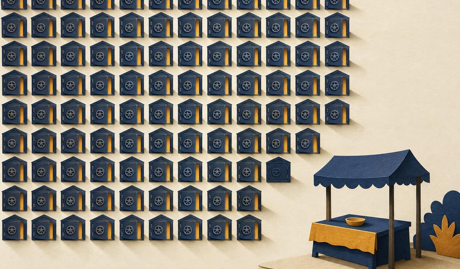 Illustration of rows of glowing vaults dwarfing a single small market stall, representing concentrated token ownership