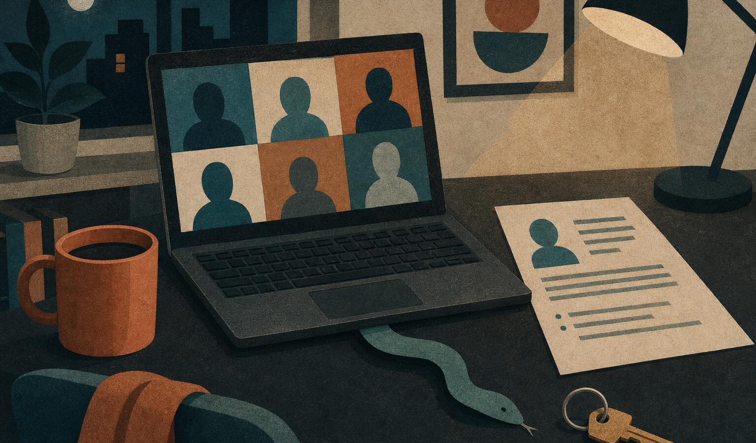 Cut-paper collage illustration of a laptop during a remote job interview with a paper snake reaching toward a hardware key, referencing malware hidden in recruitment workflows