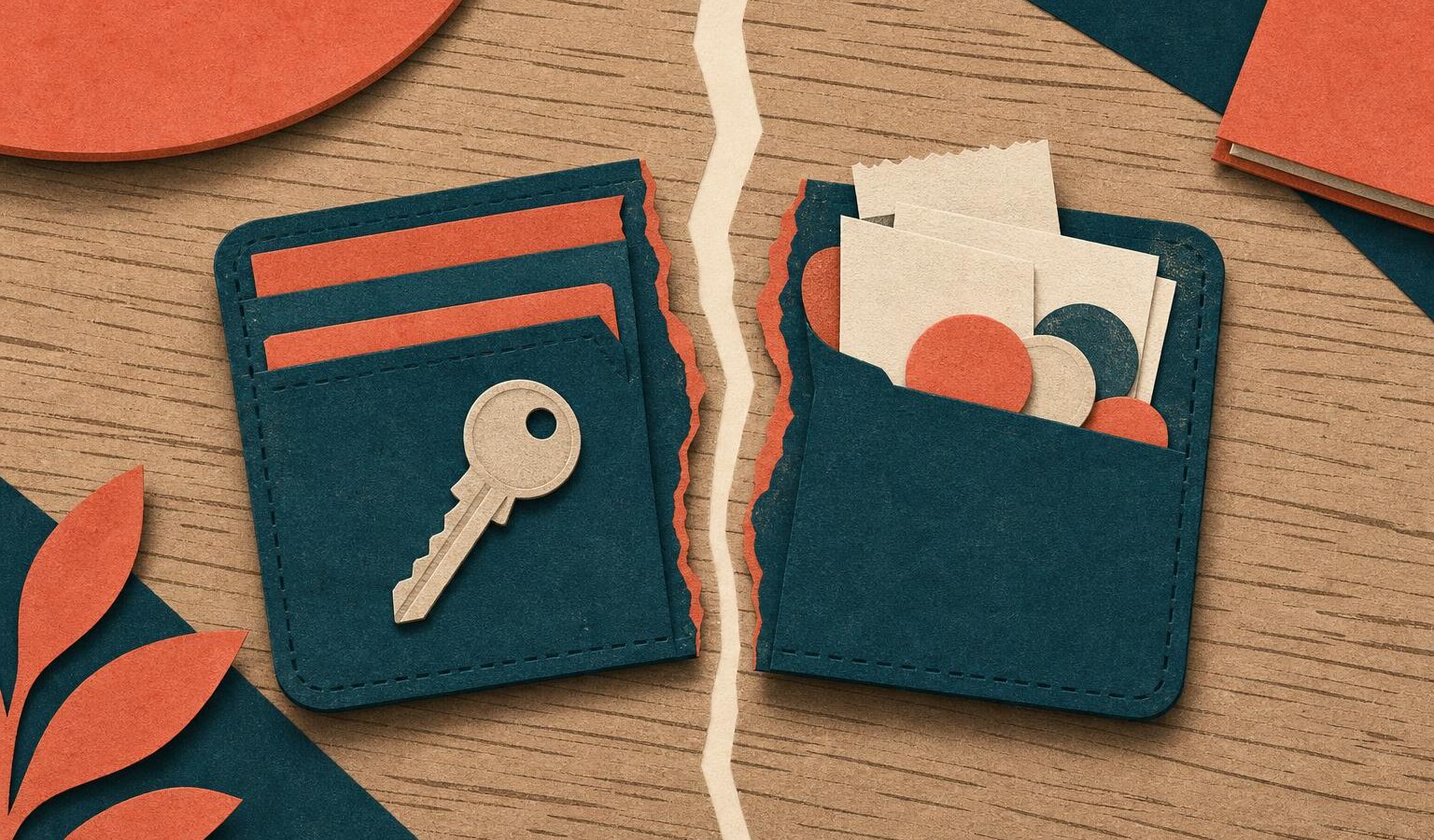 Cut-paper collage of a wallet split into two halves, one holding a key and the other holding receipts