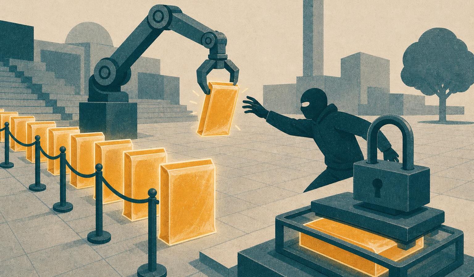 Illustration of a robotic arm snatching a parcel from a queue in an open plaza while a padlock device seals a holding case