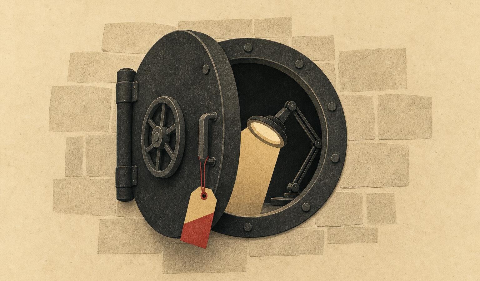 Cut-paper collage illustration of a half-open vault door lit by an inspector's lamp with a warning tag on the handle