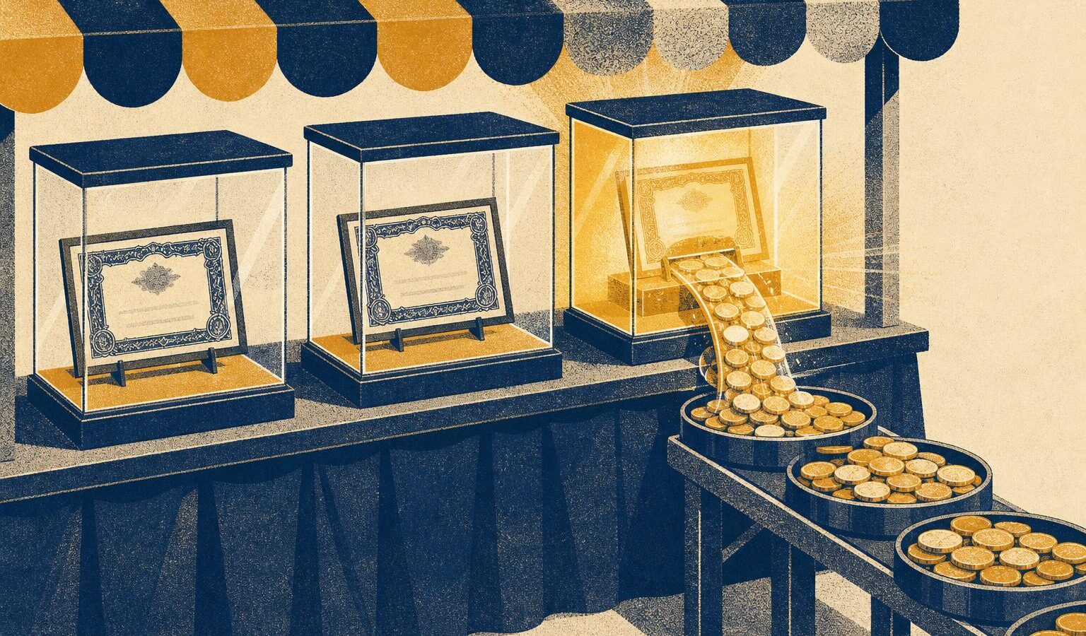 Editorial illustration of framed stock certificates in glass cases at a market stall with tokens flowing out, representing tokenized equities trading volume