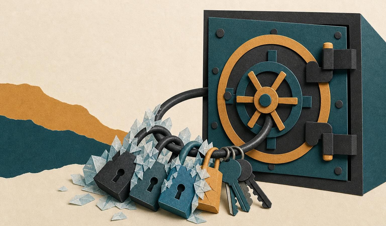 Editorial cut-paper illustration of padlocks and keys frozen on a vault door, representing a stablecoin freeze
