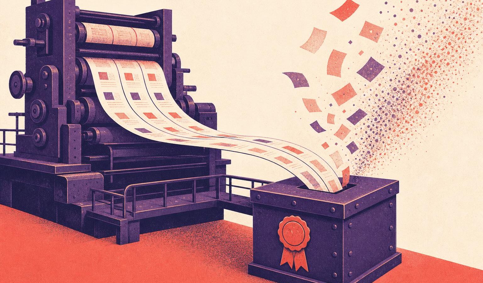 Illustration of paper slips from a printing press dissolving into a sealed ballot box