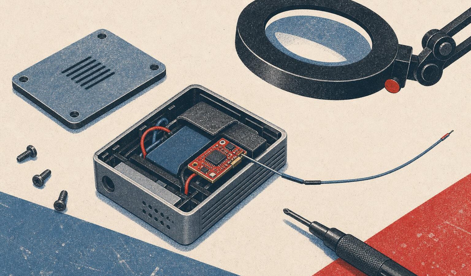 Editorial illustration of a hardware wallet opened on a workbench, a tiny hidden circuit module with an antenna wire inside, under a magnifier lamp