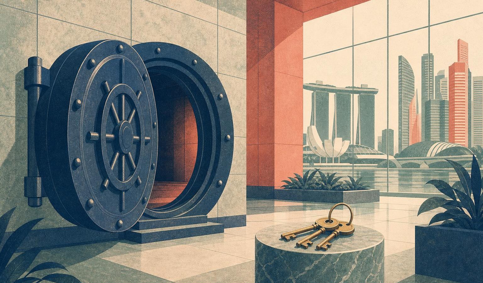 Flat vector illustration of an open bank vault door with brass keys on a plinth, representing institutional digital asset custody in Singapore