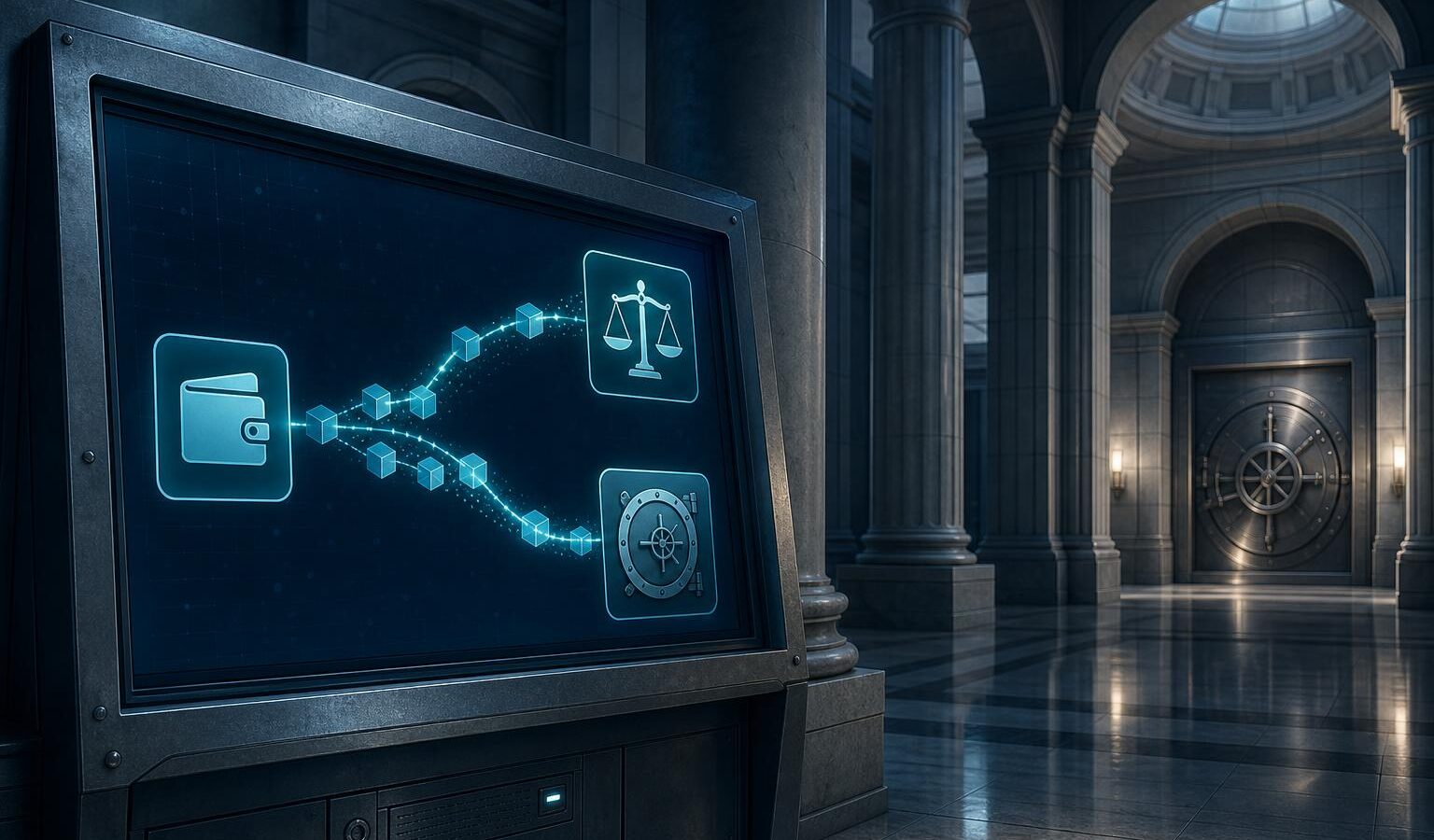 Illustration of seized Bitcoin moving from government-linked wallets toward restitution and reserve paths
