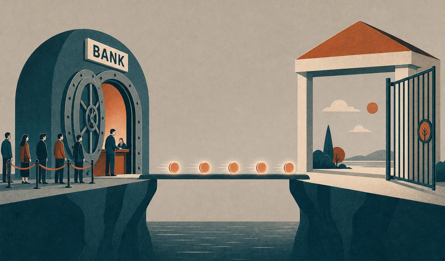 Illustration of a locked bank vault and an open, doorless pavilion facing each other across a narrow bridge with coins rolling between them, symbolizing a dispute over stolen funds moving between a centralized exchange and a permissionless protocol