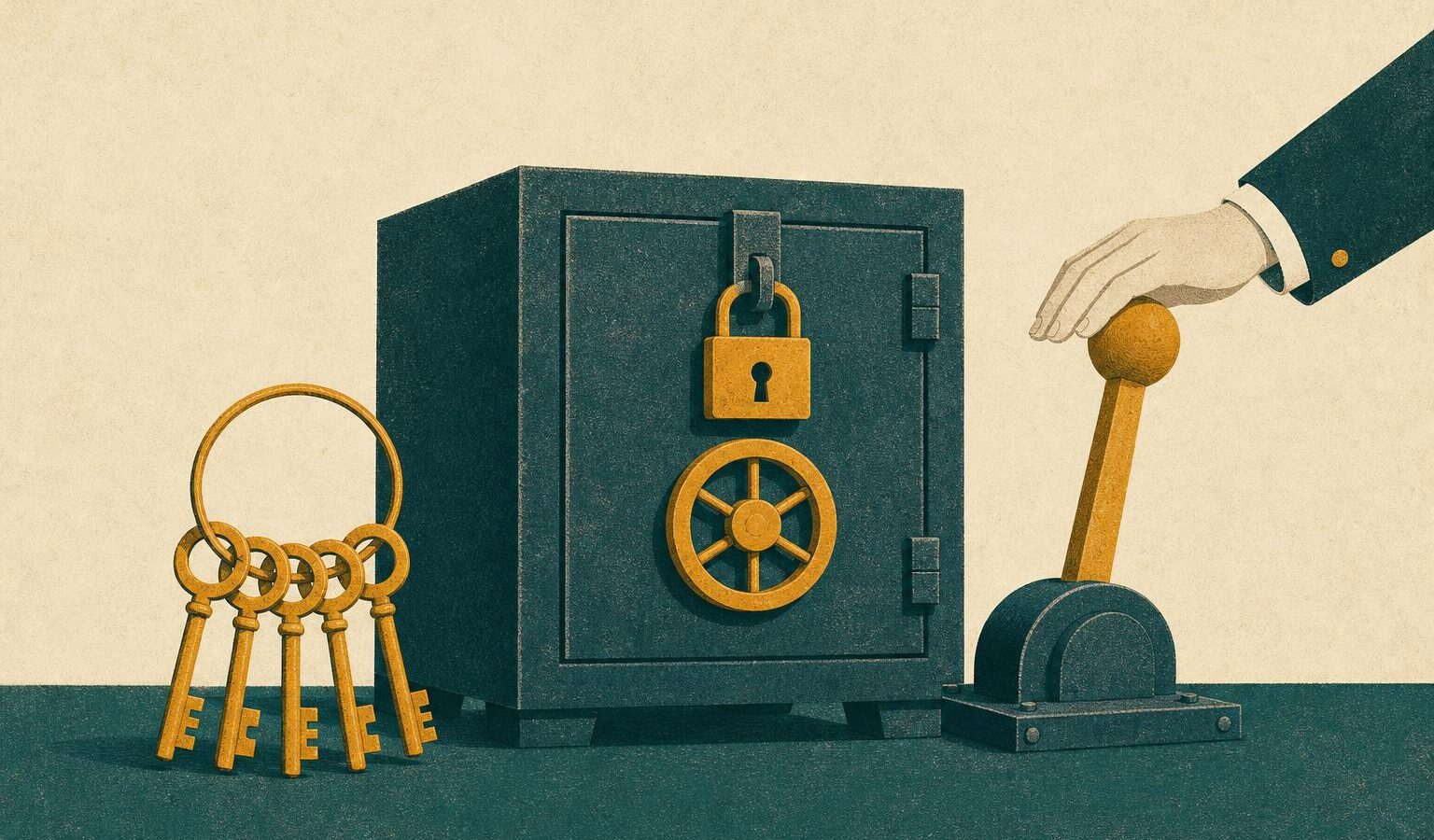 Illustration of a locked strongbox with a ring of five keys and a hand on an emergency lever, symbolizing pooled funds controlled by a few keyholders