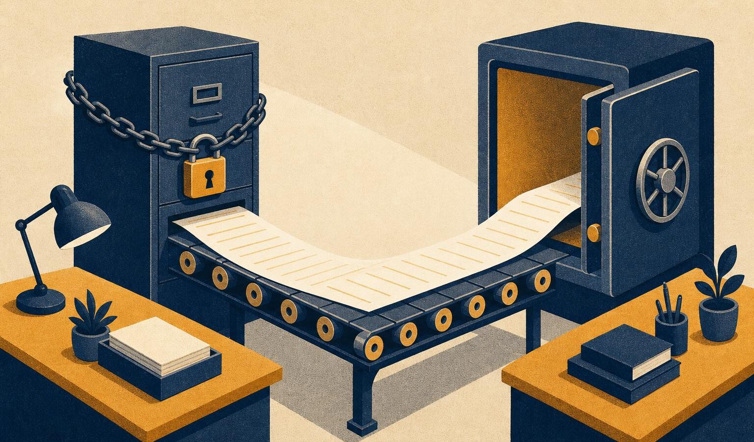 Illustration of a paper document moving along a conveyor from a locked filing cabinet to an open strongbox