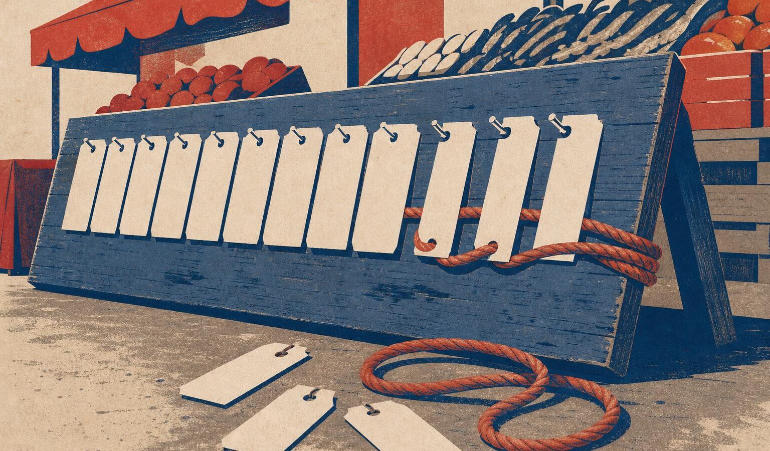 Editorial illustration of a market price board with ticker cards snapped off and lying on the ground, symbolizing a support level breaking