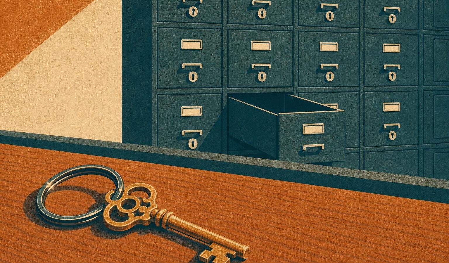 Illustration of a brass key on a ring on a desk in front of locked storage cabinets, representing self-custody versus exchange custody