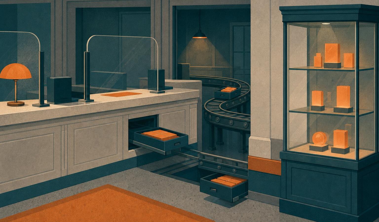 Illustration of a bank counter and a display case connected by rails, money moving invisibly between them