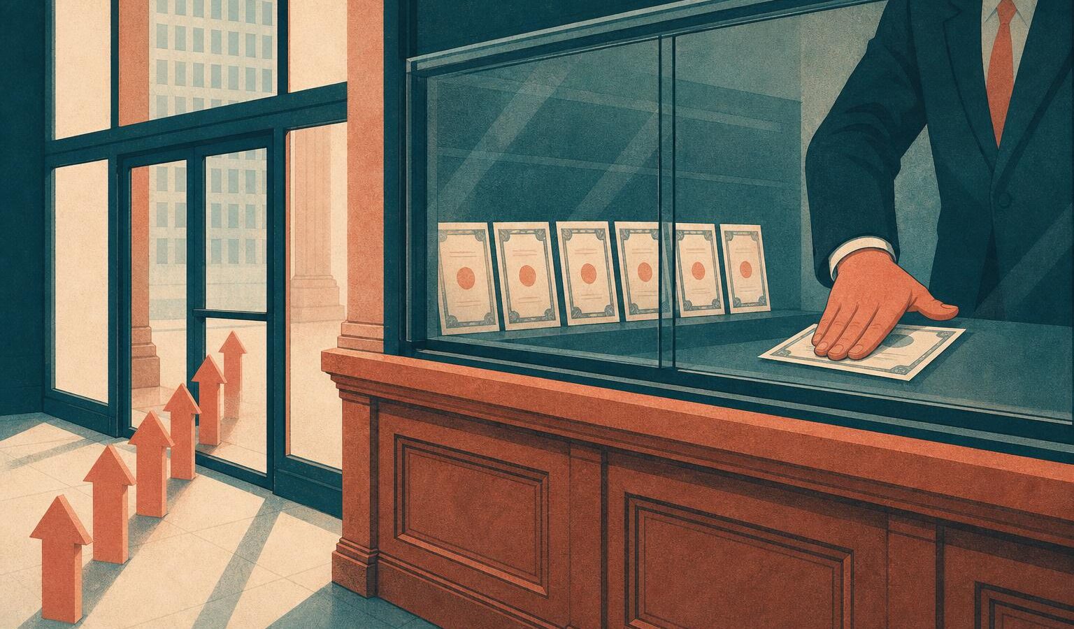 Illustration of companies blocking access to their shares at a corporate counter