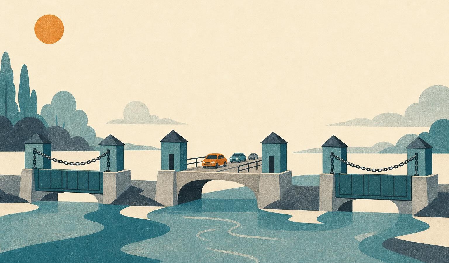 Illustration of small bridges over a river, two closed and one open, symbolizing a shakeout among layer-2 networks