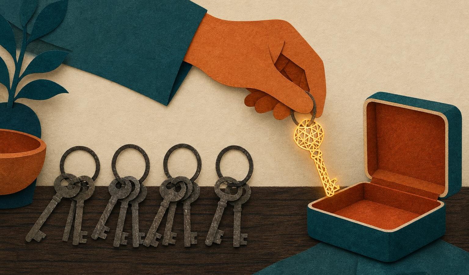 Editorial collage illustration of keys on rings, one glowing lattice key being moved to a new empty case, suggesting a wallet migration