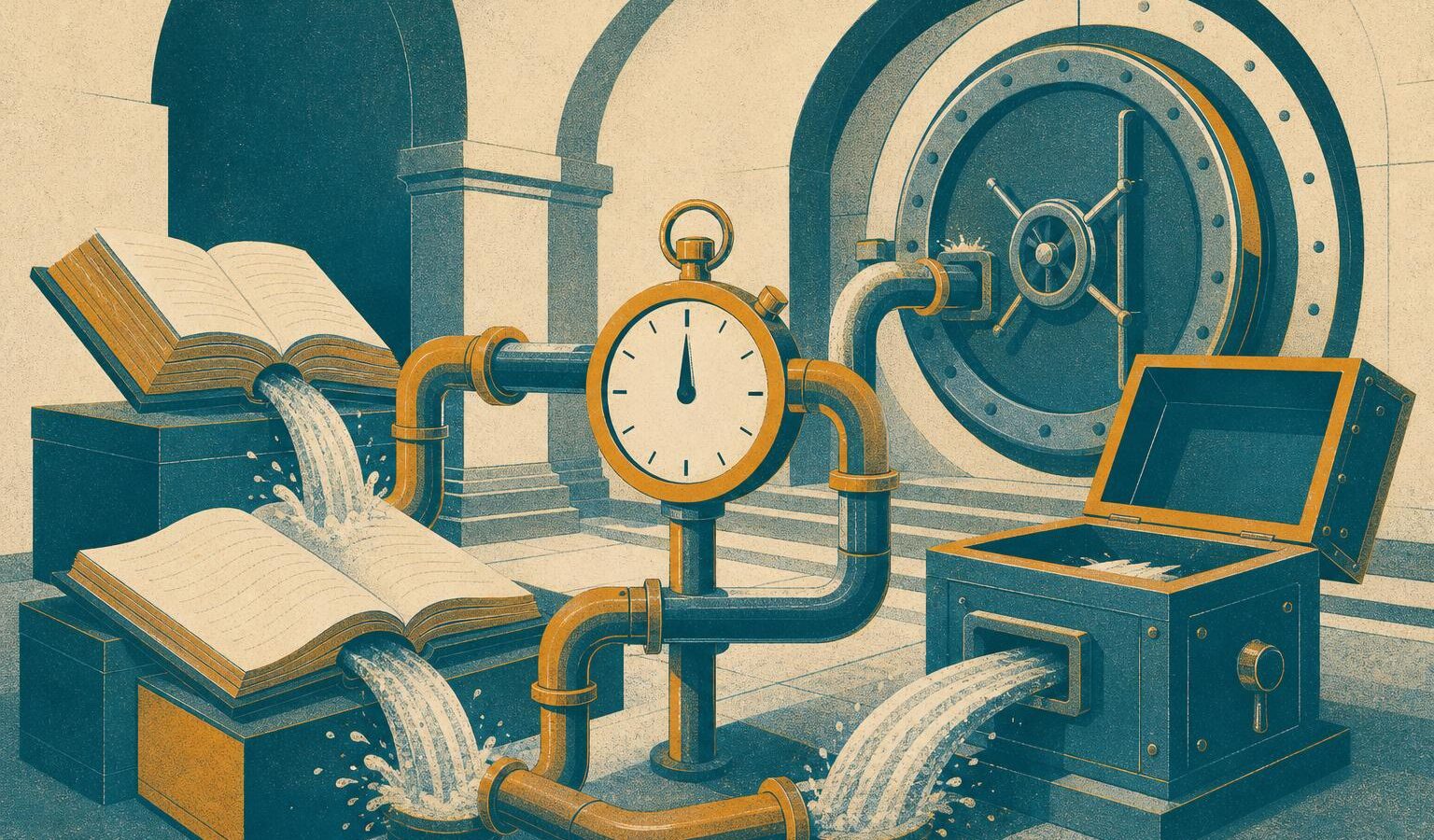 Illustration of water siphoning out of strongboxes through pipework fused with a stopwatch, standing in for flash loan attacks